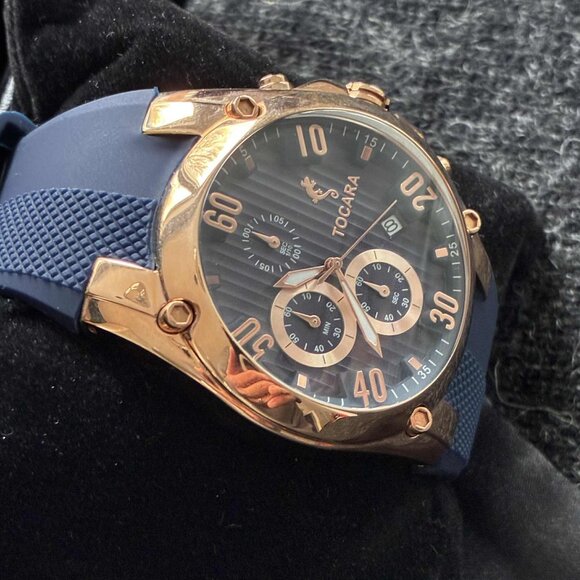 NWOT Tocara Jacob Rose-Gold & Navy Chronograph Watch with Case — Men / Unisex - Picture 3 of 6